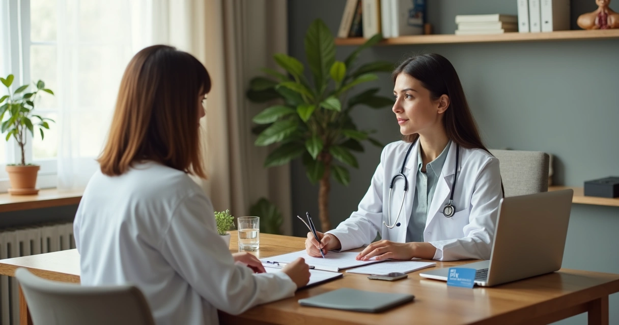Paciente conversando com médica em consultório avaliando opção de atendimento particular
