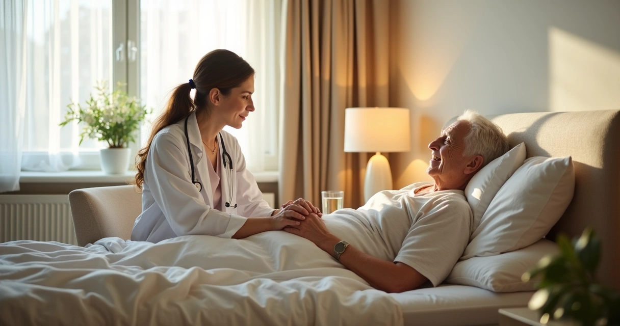 Médica de família segurando a mão de paciente idoso em leito, transmitindo acolhimento nos cuidados paliativos