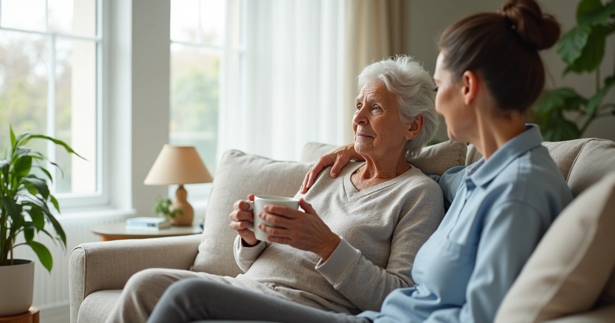 Idosa sentada em sofá recebendo apoio carinhoso de familiar em sala clara e aconchegante