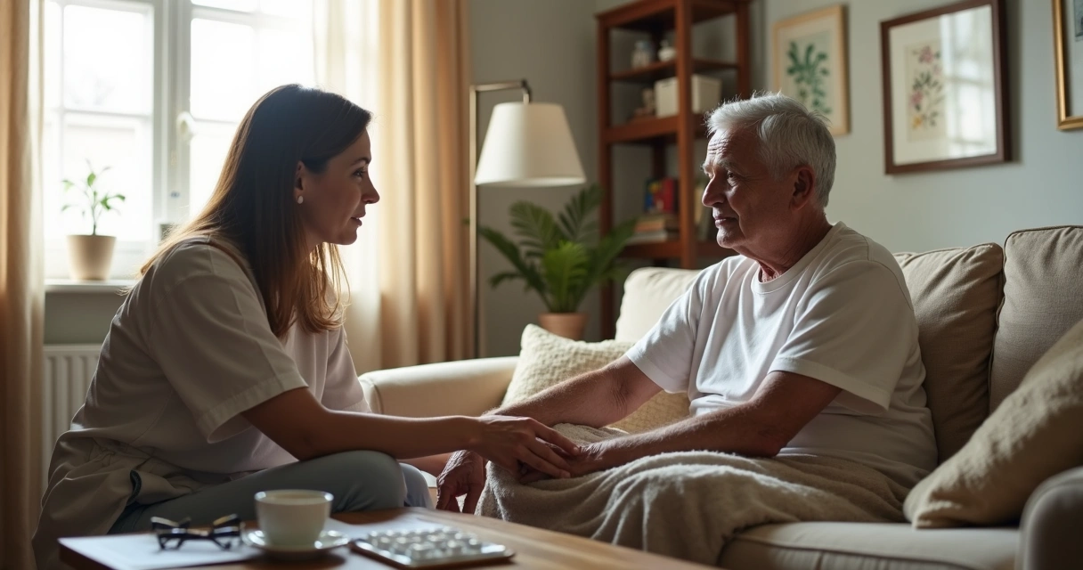 Idoso sentado no sofá sendo acolhido por cuidadora em casa
