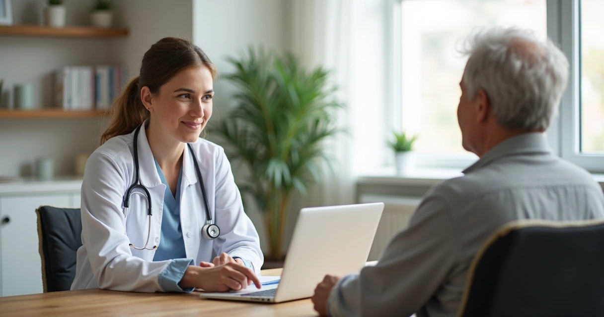 Médica de família conversando com paciente em consulta longa e acolhedora