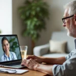 Médica de família em consulta online com idoso no notebook