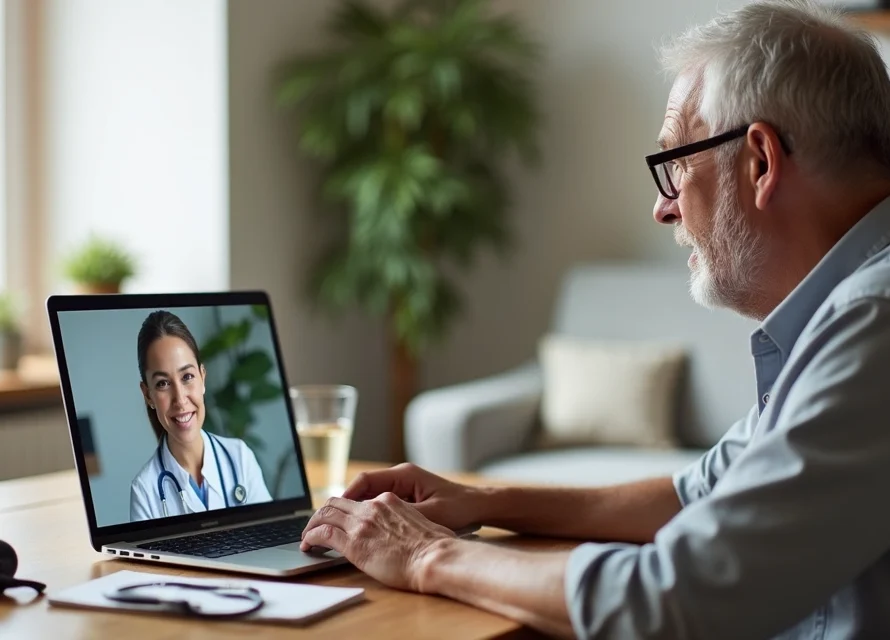Médica de família em consulta online com idoso no notebook