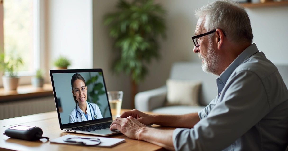 Médica de família em consulta online com idoso no notebook