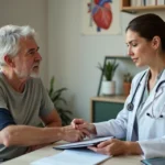 Médica de família conversando com paciente adulto em consulta de rotina detalhada