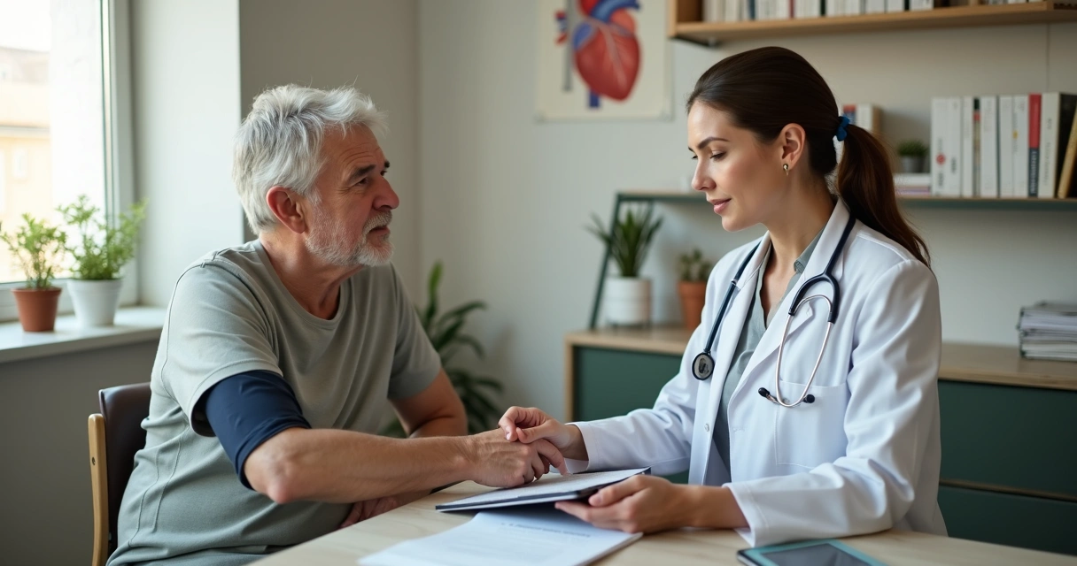 Médica de família conversando com paciente adulto em consulta de rotina detalhada