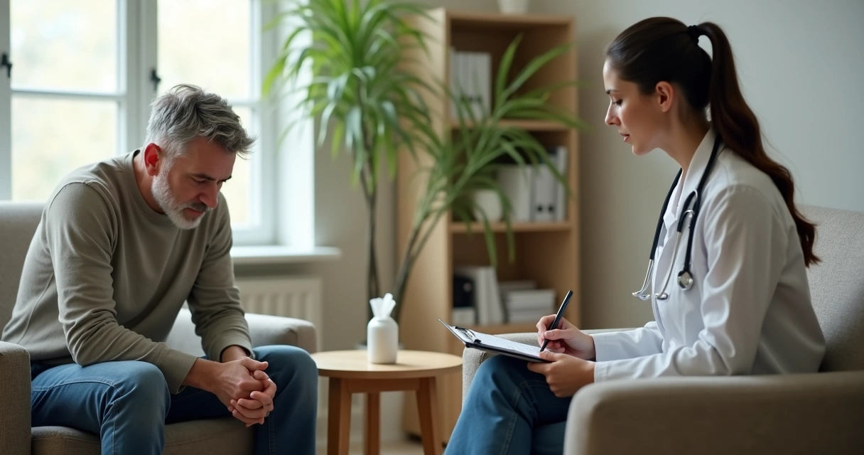 Adulto em consulta médica refletindo sobre sintomas de depressão inicial