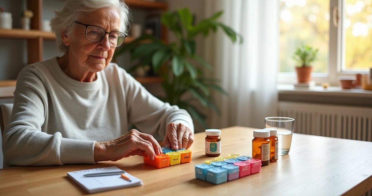 Idoso organizando remédios diários em caixa organizadora sobre a mesa