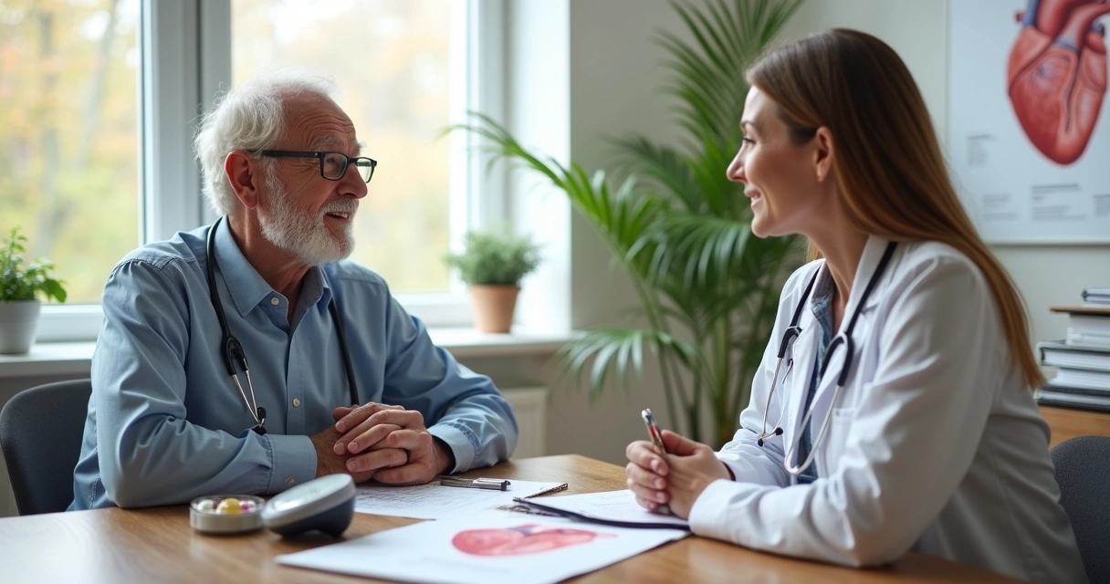 Idoso conversando com médica enquanto segura desenho de coração saudável
