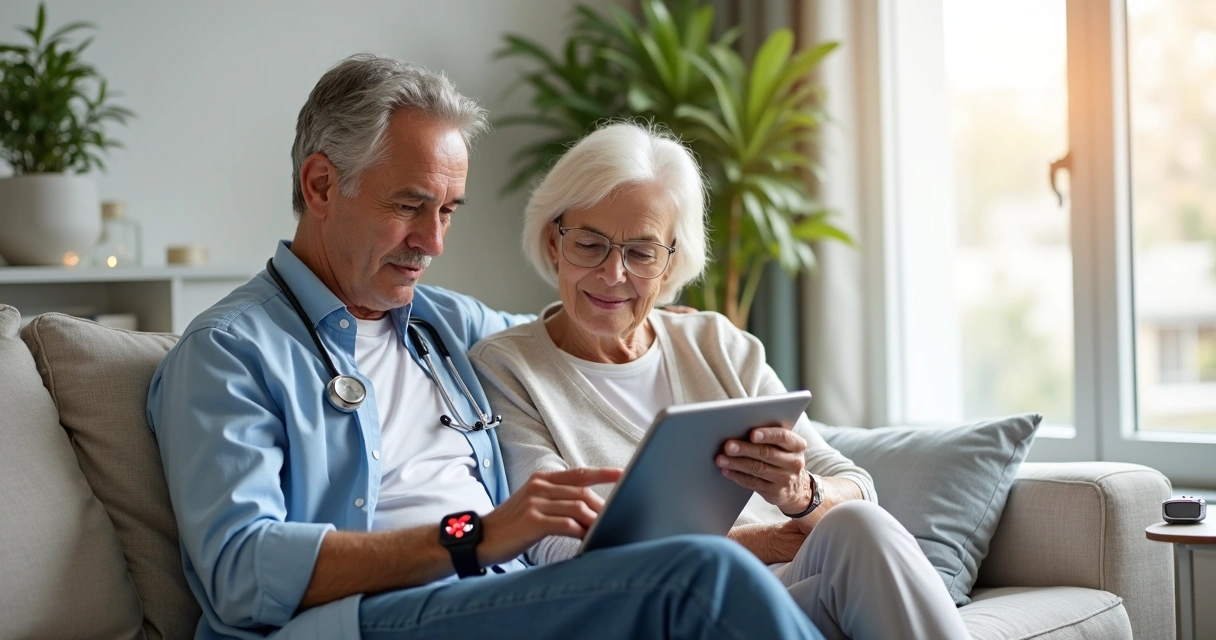 Idosa usando tablet para acompanhar saúde ao lado de cuidadora em casa
