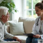 Médica atendendo paciente idoso em consulta domiciliar na sala de estar