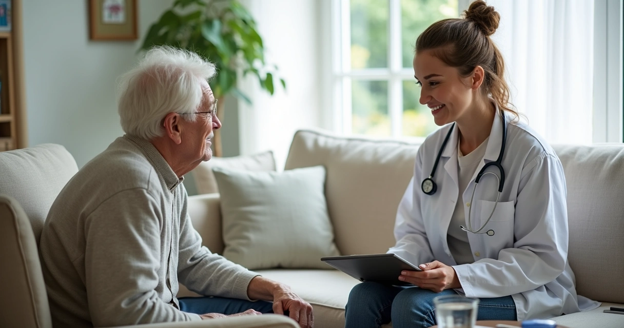 Médica atendendo paciente idoso em consulta domiciliar na sala de estar