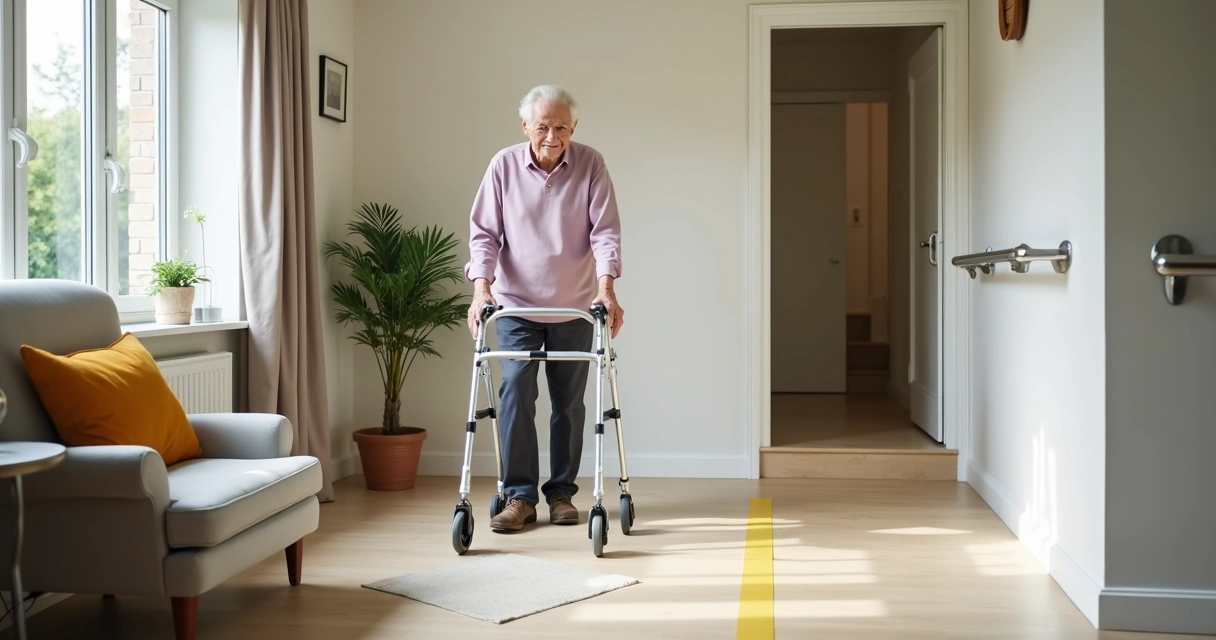 Idoso com mobilidade reduzida usando andador em sala adaptada e segura