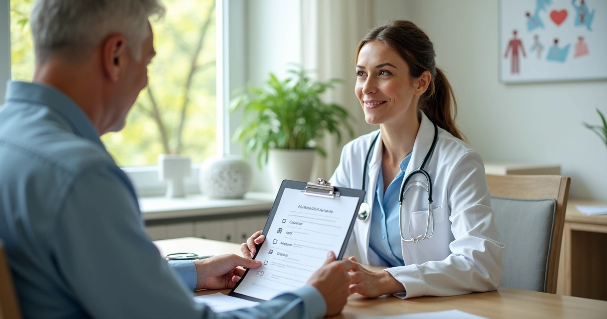 Médica de família conversando com paciente idoso durante avaliação multidimensional detalhada
