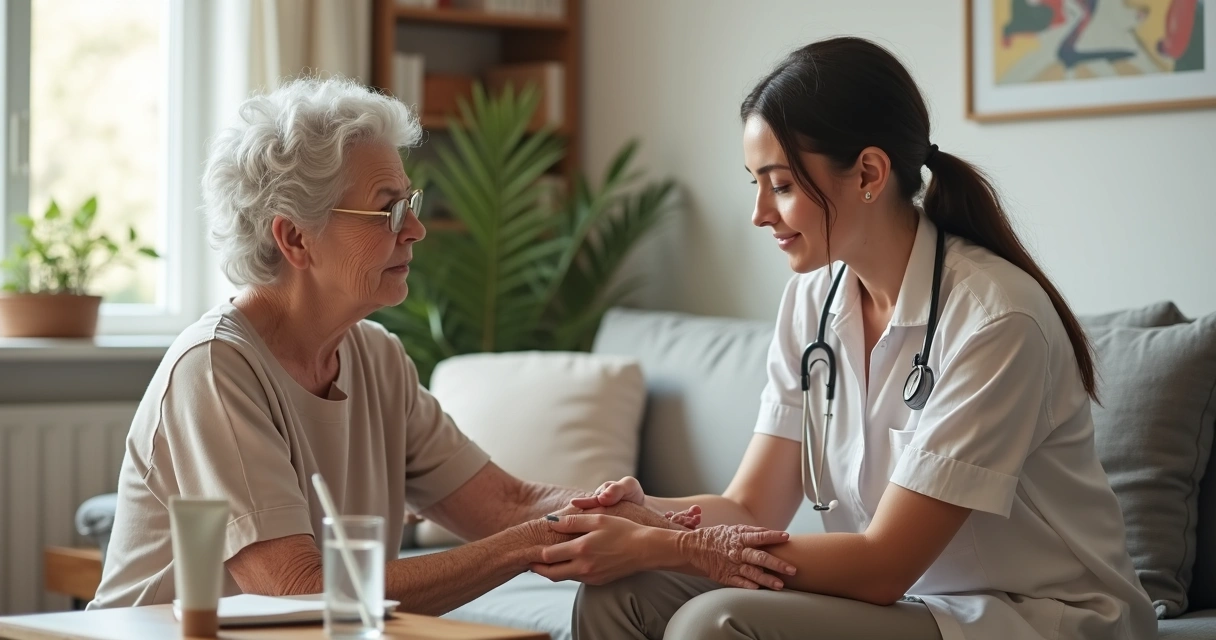 Médica examinando pele de mulher idosa em consulta domiciliar